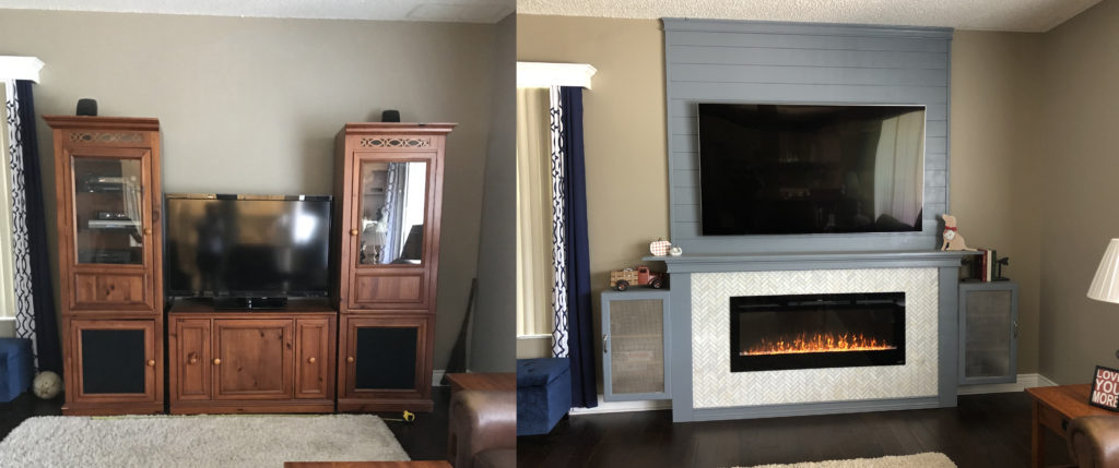 Before and After pics of electric fireplace insert mantle and Television wall