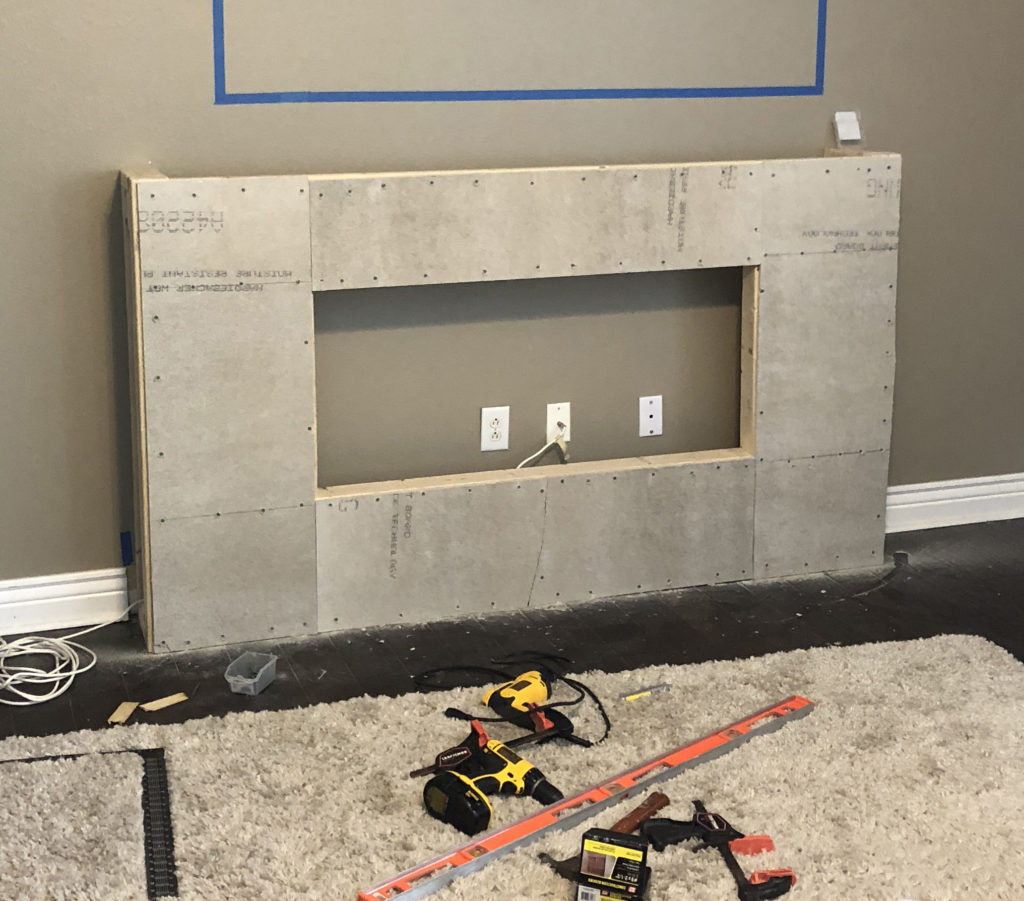 Fireplace Mantle with backer board installed to put tile on